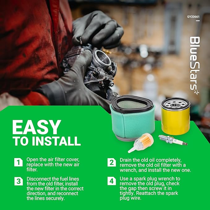BlueStars GY20661 Air Filter Oil Filter Tune Up Kit - Compatible with John D L110 LT160 LX266 M145944 Lawn Mower Kohler CV13S CV16S CV490 CV491 CV492 CV493 Command Pro Parts 12 083 10-S, 12 083 16