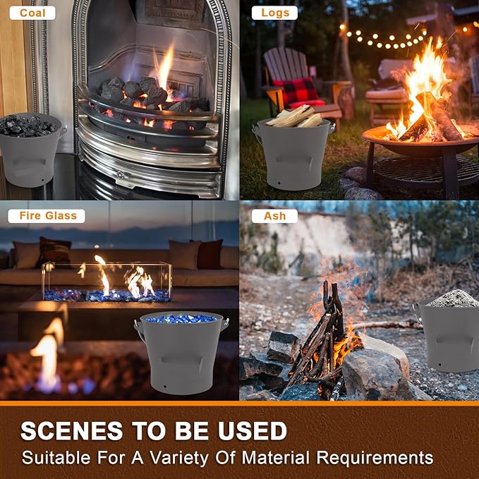 BRIAN & DANY Ash Bucket with Lid, 2.6 Gallon Fireplace Ash Bucket with Shovel and Hand Broom, Metal Bucket for Fireplace, Fire Pit, Wood Burning Stove, Gray