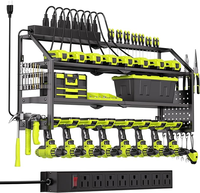 Power Tool Organizer Wall Mount with Charging Station, 8 Drill Holder with 8-Outlet Power Strip, Garage Cordless Drill Storage and Organization, Battery Utility Rack