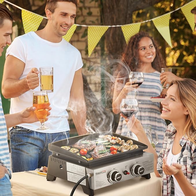 Royal Gourmet PD1204 2 Burner Tabletop Propane Gas Griddle, 17 Inch Portable Flat Top Grill with 17,000 BTUs Output for Outdoor Cooking While Camping or Tailgating, Black & Silver