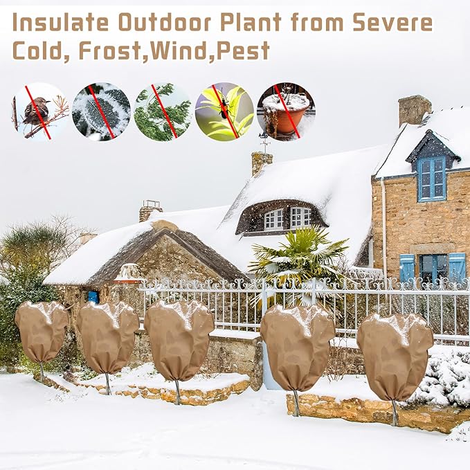 12 Pcs Winter Plant Covers Freeze Protection Reusable Plant Protector Bag with Drawstring Warm Shrubs Cover Frost Protection Planting Jacket Bags for Outdoor Garden, Brown (23.6 x 31.5 Inch)