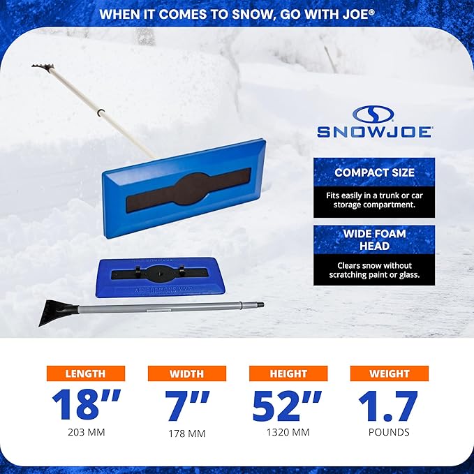 Snow Joe 18" Telescoping Snow Broom & Ice Scraper for Car Windows, No-Scratch Foam Brush - Long and Extendable Ice Removal Tool for Window and Windshield - Automotive Cleaning Accessories, SJBLZD