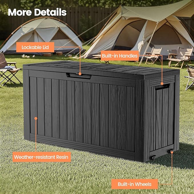 75 Gallon Outdoor Storage Box - Waterproof Resin Deck Box for Patio Cushions & Garden Tools - Lockable Indoor/Outdoor Storage Bin - Sleek Black Design