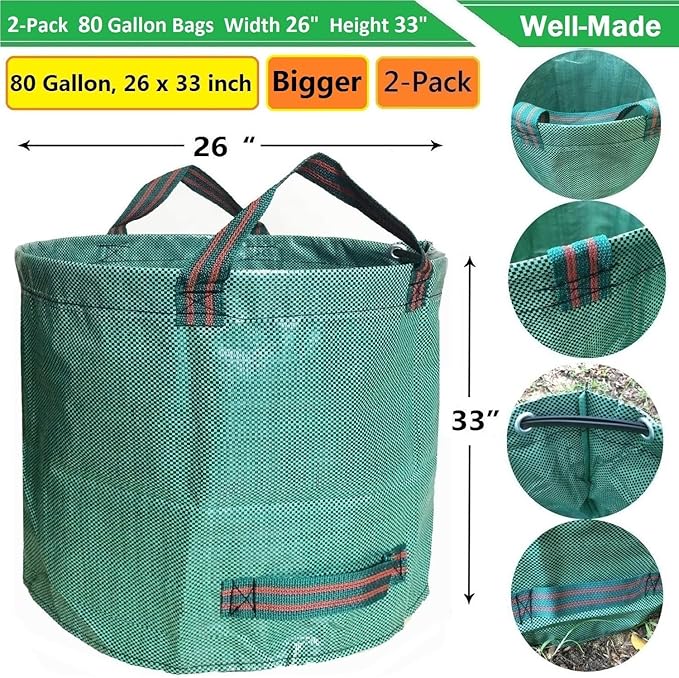 Professional 2-Pack 80 Gallon Large Yard Garden Bags (D26, H33 inch) W/Gardening Gloves for Leaf Bags,Yard Waste,Debris Bag,Garden Waste Container,Recycle Bin,Lawn Grass Clippings,Weeds Bag 4 Handles
