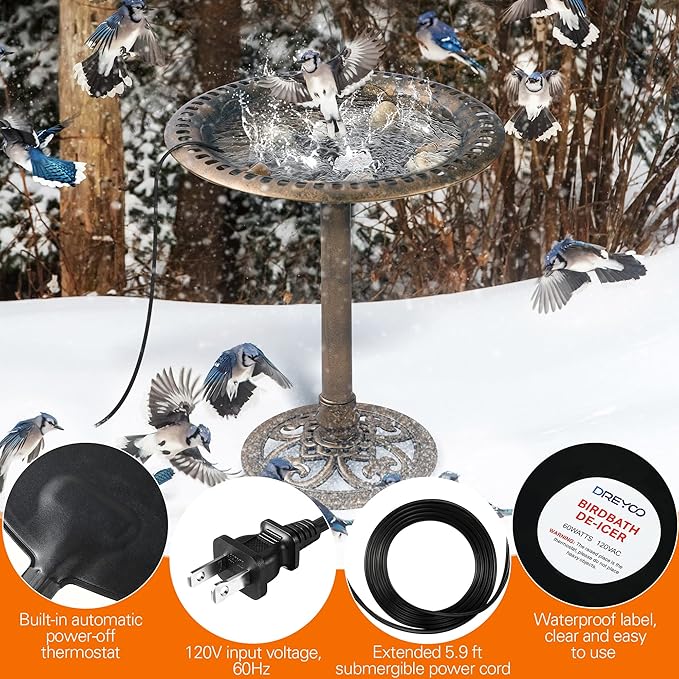 Dreyoo 2 Pack Bird Bath De Icer, 60w Submergible De Icer, Thermostatic Controlled Winter Water Heater Deicer for Bird, Chicken, Duck, Farm Trough, Design Patent Product