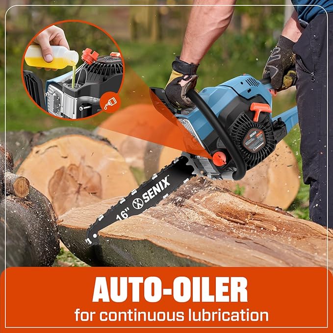SENIX 16" Gas Chainsaw 46cc 4-Stroke Gas Powered Chainsaws, Cordless Chain Saw with Loop Handle for Wood Cutting and Tree Trimming, Low Emissions & Easy Maintenance, CS4QL-L3