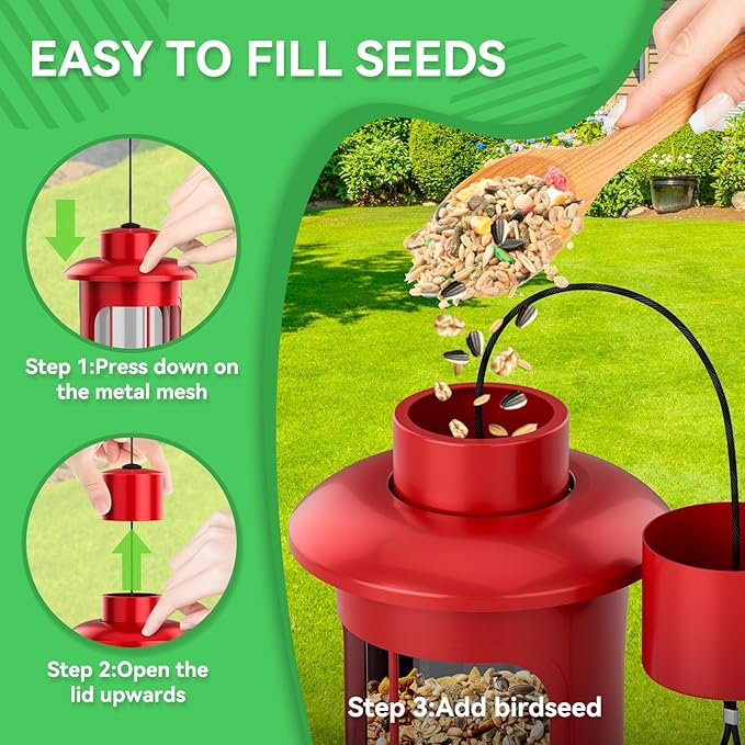 Squirrel Proof Bird Feeders for Outdoors Hanging, Metal Squirrel Proof Bird Feeder with Gravity Protection, 3LB Large Capacity Wild Bird Feeders for Outside Finch, Cardinal, Blue Jay (Red)
