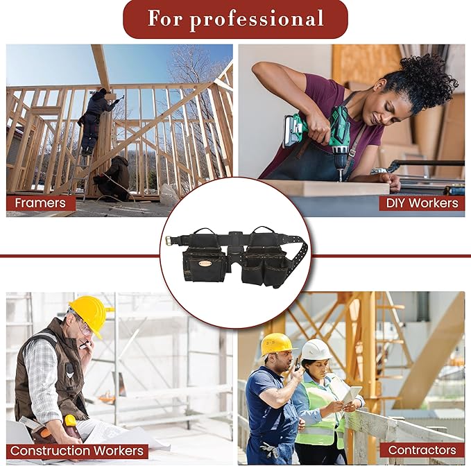 Style n Craft 4-Piece and 17-Pocket Pro Framer’s Combo, Tool Belt with 2 Tool Pouches and 1 Hammer Holder, Full-Grain Oiled Leather Tool Belt, Dark Brown (90429)