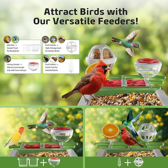 Bird Feeder with Camera 2K HD AI Smart Identify BirdSpecies Solar Panel Outdoors Birdhouse with Cam, Instant Arrival Alerts, Capture BirdVideo, Gifts for Mom Dad (Green)