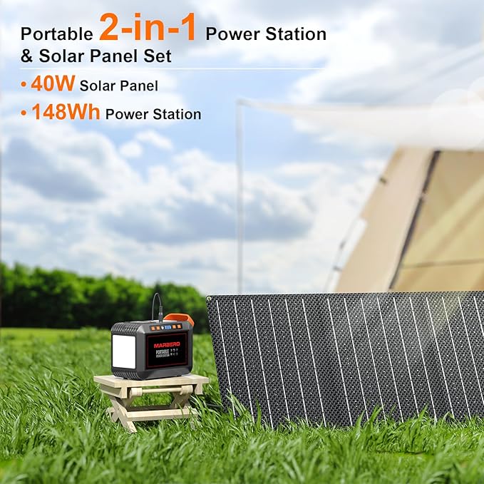 MARBERO 148Wh Solar Generator with Solar Panel Included Portable Power Station 200W with Foldable Solar Panel 40W Set for Camping Outdoor Hiking Fishing Emergency