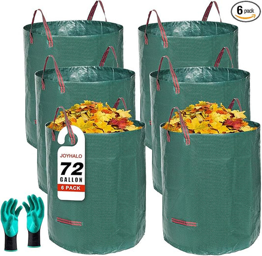 Joyhalo Reusable Yard Waste Bags - 72 Gallon, 6 Pack, Heavy Duty with Gardening Gloves & 4 Handles, Standable, Camping & Recycling