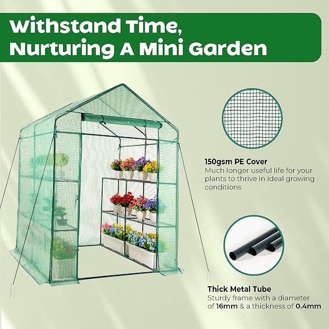 IDZO Walk in Greenhouse, Outdoor Greenhouse with Durable PE Cover & Sturdy Steel Frame for All Seasons, Convenient Rollable Door, Anchor & Rope Included for More Stable Stand, Easy to Install