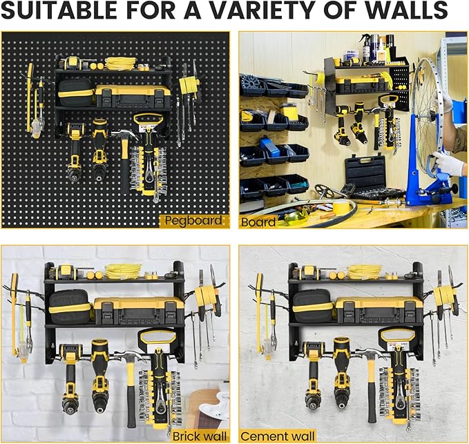 TRZZ Power Tool Organizer Wall Mount, 3-Layer Drill Holder with 2 Side Pegboards, Cordless Drill Rack with 4 Hooks, Efficient Storage for Workshop, Garage, and Tool Room (Black)