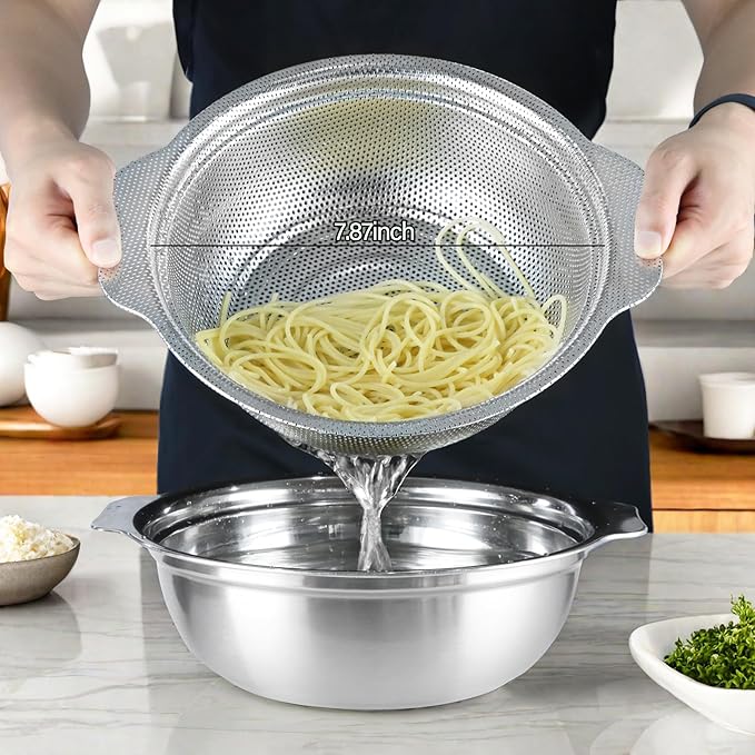 Stainless Steel Colander for Kitchen, 2.5QT Rice Washer Strainer with Mixing Bowl, Colander Bowl Set with Microporous for Washing Rice, Pasta, Spaghetti, Fruits, Dishwasher Safe(2PC)