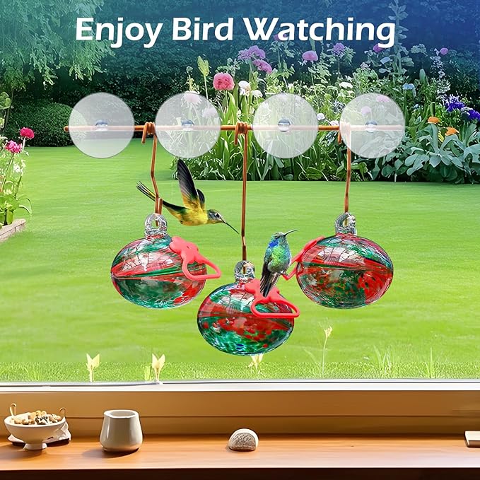 Window Hummingbird Feeder with Suction Cups,Hand-Blown Glass Hummingbird Feeders for Outdoors Window Mounted with Metal Hook,Close Bird Watching,Finch in Garden,Yard(Red)
