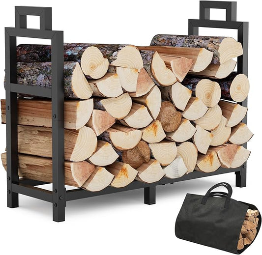 30 Inch Firewood Rack Outdoor Indoor with Handle and Log Carrier Bag, Stable Metal Wood Rack Heavy Duty Log Holder for Fireplace Patio Deck, Rustproof Firewood Storage Organizer Tool, Black, Square