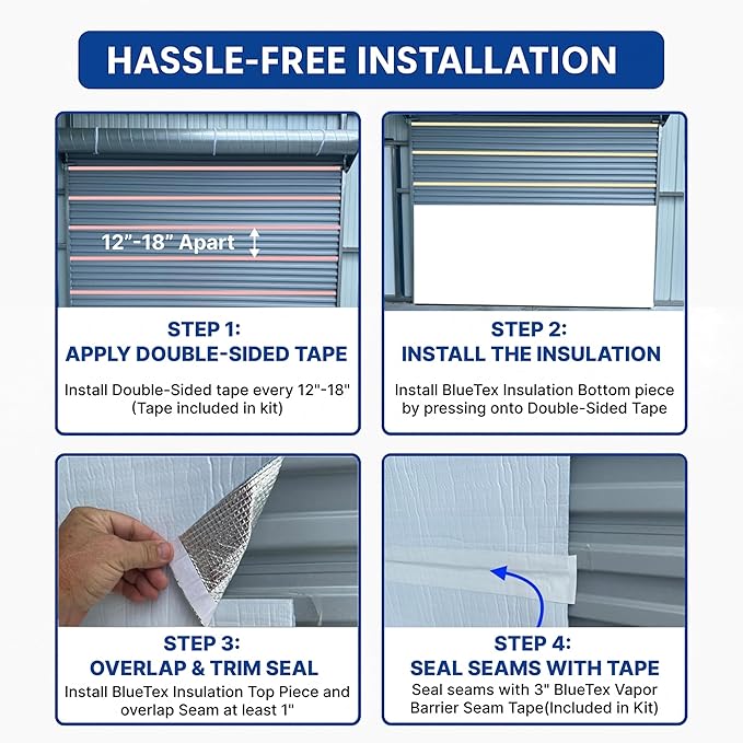 BlueTex Roll Up Garage Door Insulation Kit for Cooling Down Metal Buildings – Easy to Install Complete Insulation for 2 Garage Doors Up to 10'x10' or Large Single Door (10'x10' - 2 Doors)