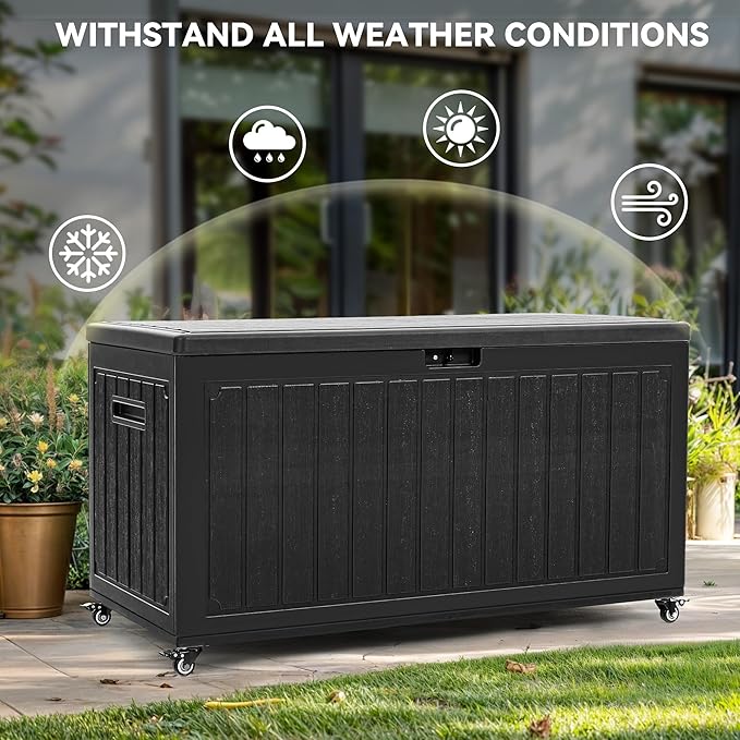 YITAHOME 90 Gallon Outdoor Storage Box with 6 Wheels, Large Double-Wall Resin Deck Box, Lockable Waterproof Outside Storage for Patio Furniture, Cushion, Pool Float, Garden Tool, Black