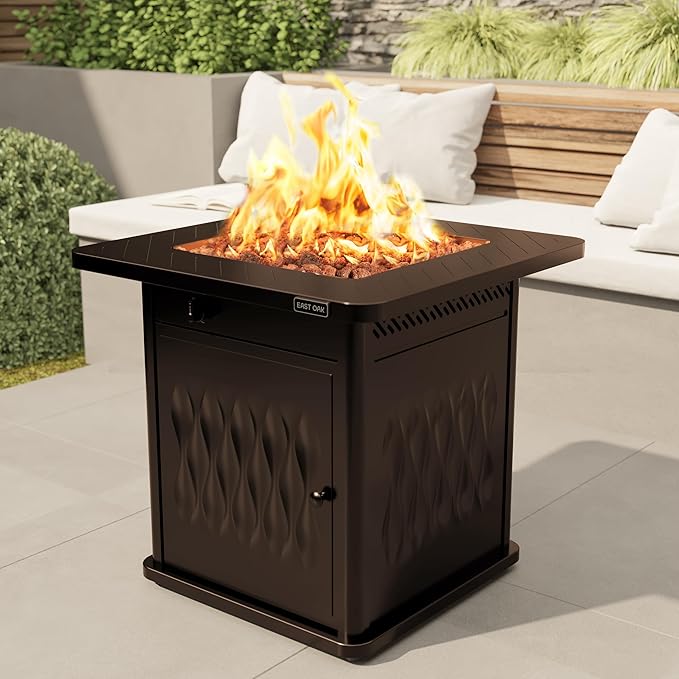 EAST OAK 28" Outdoor Propane Fire Pit Table | 50,000 BTU Gas Fire Pit Table for Outside with Magnetic Lid | Storage Basket & Lava Rocks | CSA Certified for Patio, Garden & Backyard | Brown