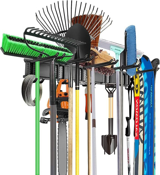 WALMANN Wall Mount Tool Organizer, Mop and Broom Holder, Garage Tools Storage Rack, Heavy Duty Garden Tool Storage Rack, Holds Up to 300 lbs