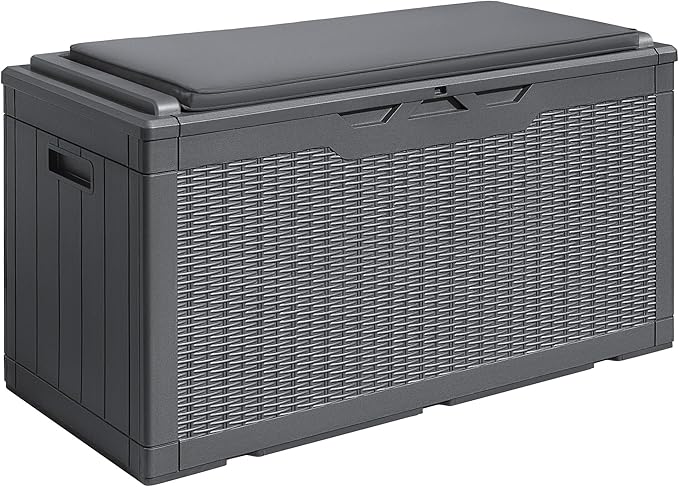 Devoko 100 Gallon Waterproof Large Resin Deck Box Outdoor Storage Box Indoor Lockable Storage Container with Cushion for Patio Furniture Garden Pool Cushions (Grey)