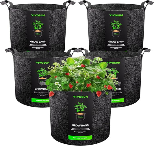 VIVOSUN 5-Pack 15 Gallon Plant Grow Bags, Heavy Duty Thickened Nonwoven Fabric Pots with Handles