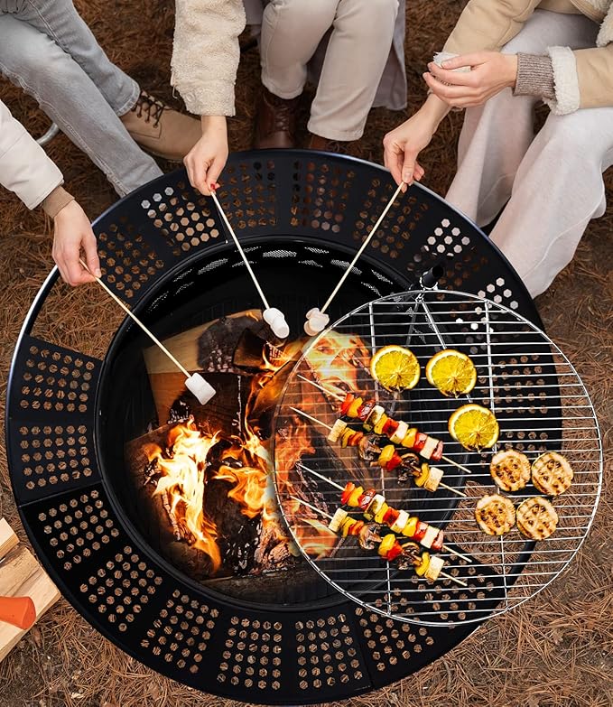Bettermade 32 Inch Outdoor Fire Pit, 2-in-One Large Camping Fire Pits for Outside with Cooking Grill and Fire Poker, Wood Burning Firepit for BBQ,Warm up, Patio, Bonfire, Camping, Picnic.