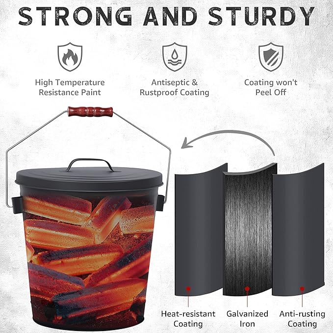 NATURAL EXPRESSIONS Fireplace Ash Bucket with Lid, 5.3 Gallon Coal Bucket with Shovel,Hand Broom and Gloves, Metal Buckets Pail Ash Can for Pellet Charcoal Wood Fire Pits