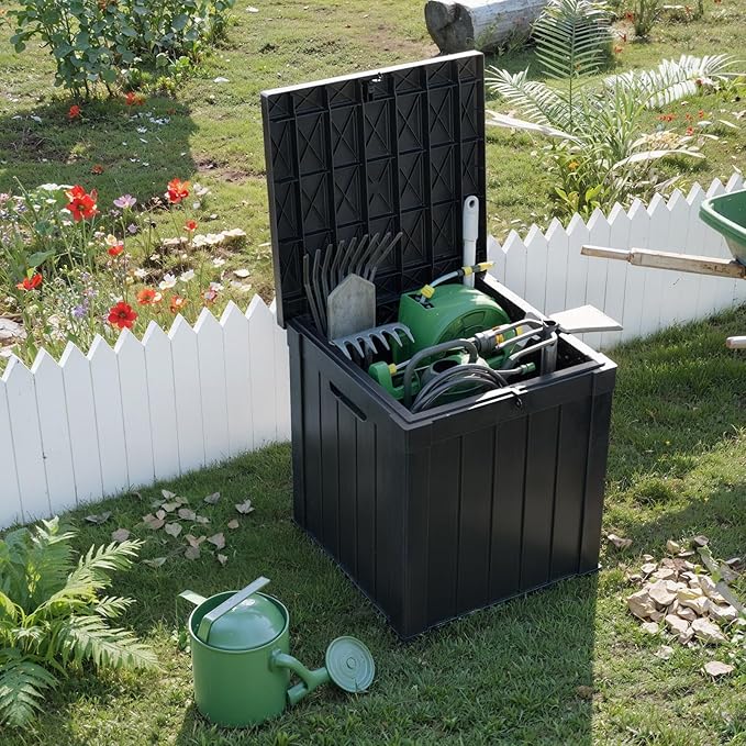 50 Gallon Outdoor Storage Box, Resin Waterproof UV-Resistant Deck Box, Reinforced Stability for Patio, Garden, and Poolside, Striped Black