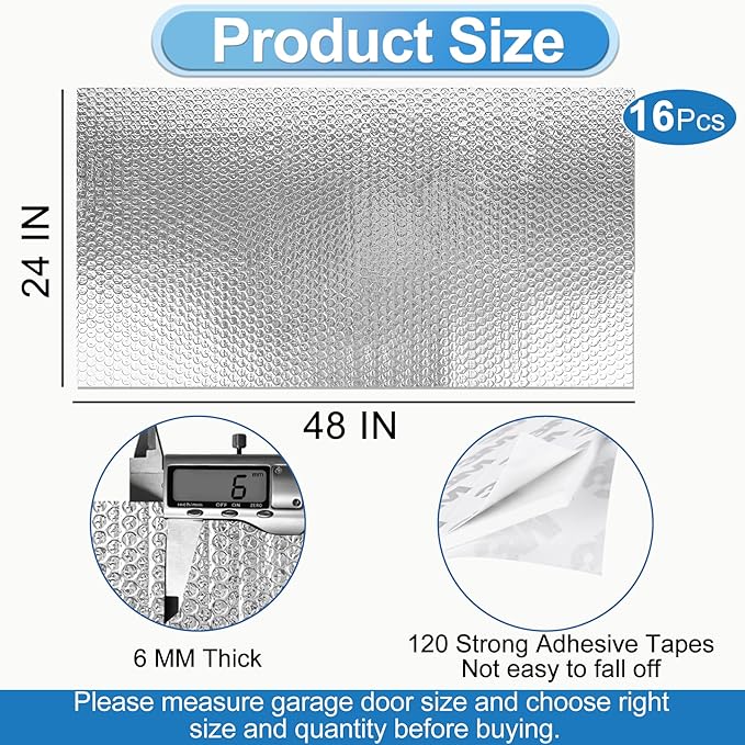 ToLanbbt Garage Door Insulation Kit 16P Double Bubble Window Heat Insulation Panels, 6MM 24" x 48" Reflective Aluminum Foil Summer/Winter Barrier Sheets with 120 Adhesive Tapes for Garage Attic Wall