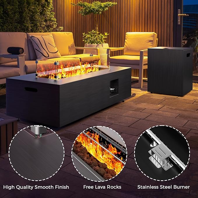 42” Rectangular Fire Pit Tables 2-Piece 50,000 BTU Outdoor Propane Gas Fire Pit with Wind Guard, Waterproof Cover, Lava Rocks for Outside Patio Backyard