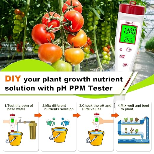 pH Meter for Hydroponic Water,Digital EC ppm Tester for Nutrients,pH TDS Reader 4 in 1 with 1413 μs/cm Calibration Solution,High-Sensitivity Backlit Display for Drinking Water,DWC,Indoor Plants