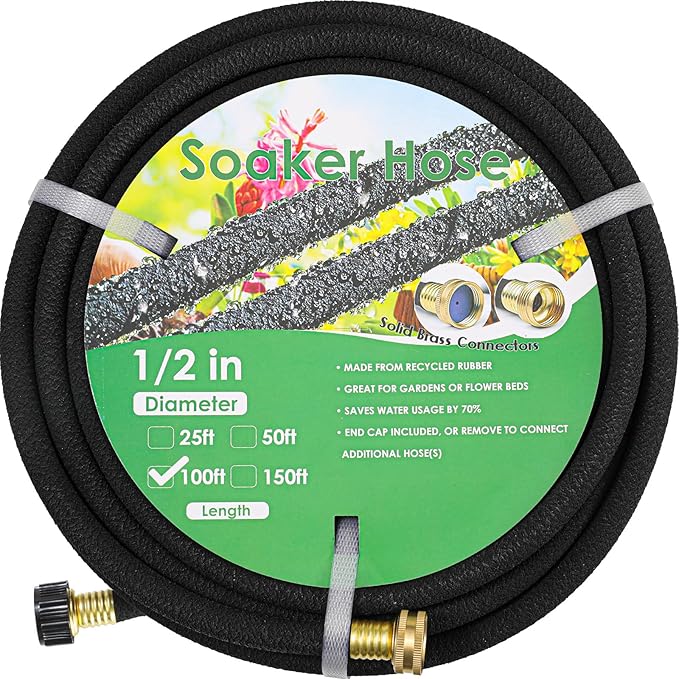 MAMIZO Soaker Hose 100 ft 1/2", Solid Brass Connectors Rubber Longer Lasting, Heavy Duty Drip Hose to Save 70% Water, Soaker Hose for Garden, Lawn and Yard