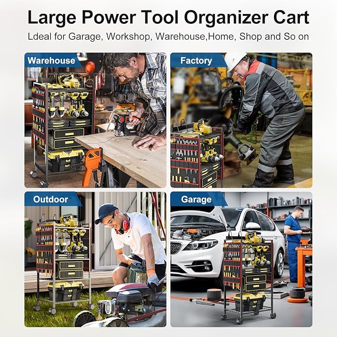 5-Tier Power Tool Organizer Cart with Charging Station - 8 AC Outlets, 300 lbs Heavy Duty Utility Rack, Rolling Drill Holder & Tool Storage Cart on Wheels for Garage, Workshop, Gift for Men