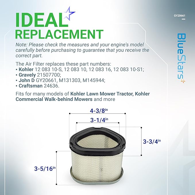 BlueStars GY20661 Air Filter Oil Filter Tune Up Kit - Compatible with John D L110 LT160 LX266 M145944 Lawn Mower Kohler CV13S CV16S CV490 CV491 CV492 CV493 Command Pro Parts 12 083 10-S, 12 083 16