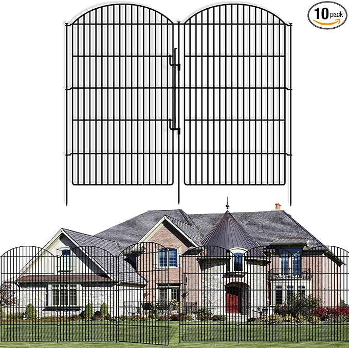 10 Panels Decorative Garden Fence with Lock, 48in (H) x 24ft (L) No Dig Dog Animal Barrier for Outdoor Yard, Rustproof Ground Stakes Metal Fencing for Yard, Patio, Flower Bed