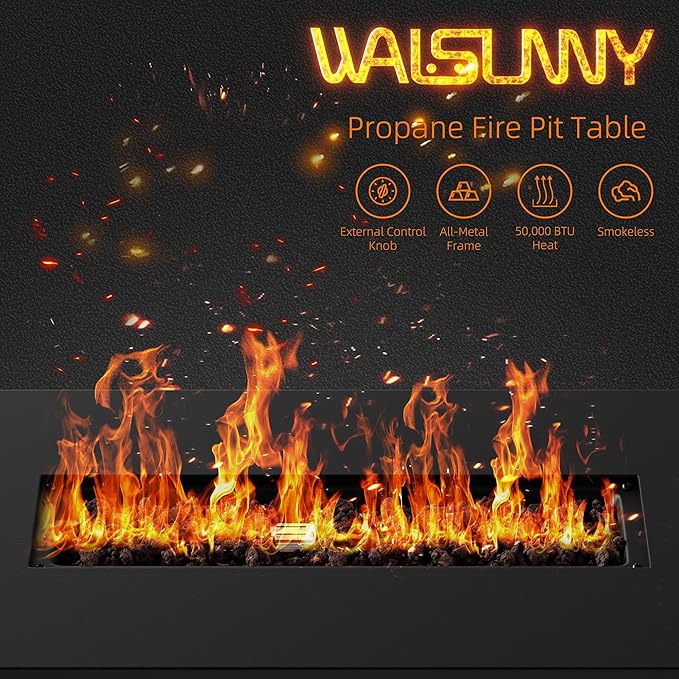 Walsunny 43 inch Outdoor Propane Fire Pit 50,000 BTU Gas Fire Pit Table with Lid, Waterproof Cover, Rectangle Gas Firepit Table for Garden/Patio, CSA Certification