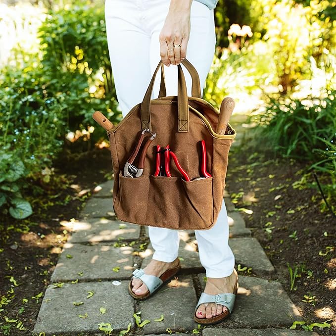 Garden Tool Bag - 12x14” Heavy Duty Waxed Canvas Tote Bag Caddy with 6 Interior and 3 Exterior Pockets for Organizing Gardening Tools - Gardening Gifts for Women and Men by Kings County Tools