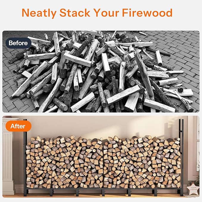 HOOBRO 8FT Firewood Rack with Cover, Outdoor Firewood Log Rack, Adjustable Log Holder with Waterproof Cover, Fireplace Wood Storage, Heavy Duty Wood Holder, for Indoor and Outdoor, Black BB02CH02