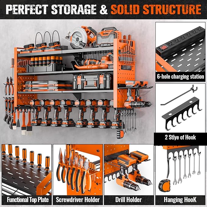 Heavy Duty Power Tool Organizer Wall Mount with Charging Station, Large Garage Organization with 10 cordless Drill Holder, 4 Layers Tool Organizers and Storage, Tool Rack with 6 Power Strip,Orange
