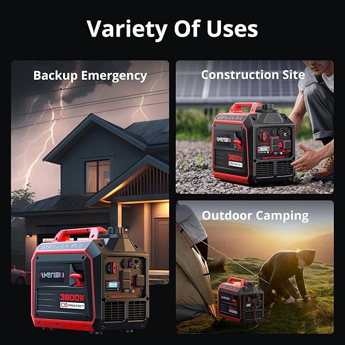 3800W Portable Inverter Generator, Gas Powered, Digital Display, Super Quiet and Lightweight Generator for Camping, Home Emergency Use, Tailgating, RV Ready, EPA Compliant