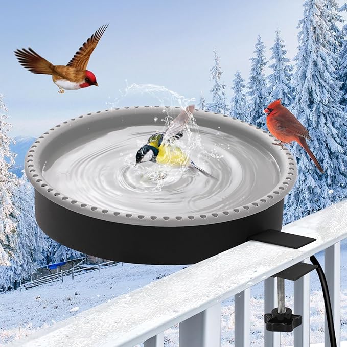 2 in 1 Heated Bird Bath for Outdoors for Winter,100W Bird Bath Heater with Thermostatically Controlled,Heated Bird Bath for Deck Railing for All Seasons Outdoor Garden Yard Patio Lawn(Grey)