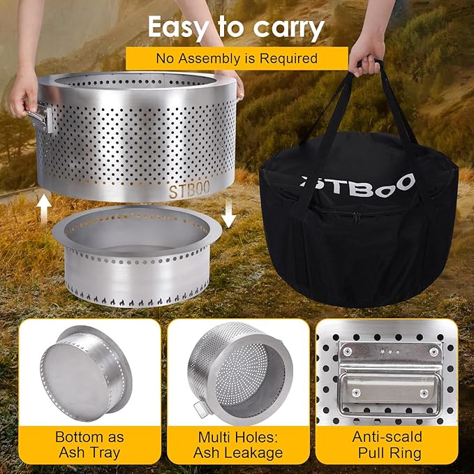 STBoo 20Inch Large Firepit - Fire Pits for Outside with Portable Carrying Storage, Outdoor Fireplace for Camping Picnic Backyard Beach,Stainless, L