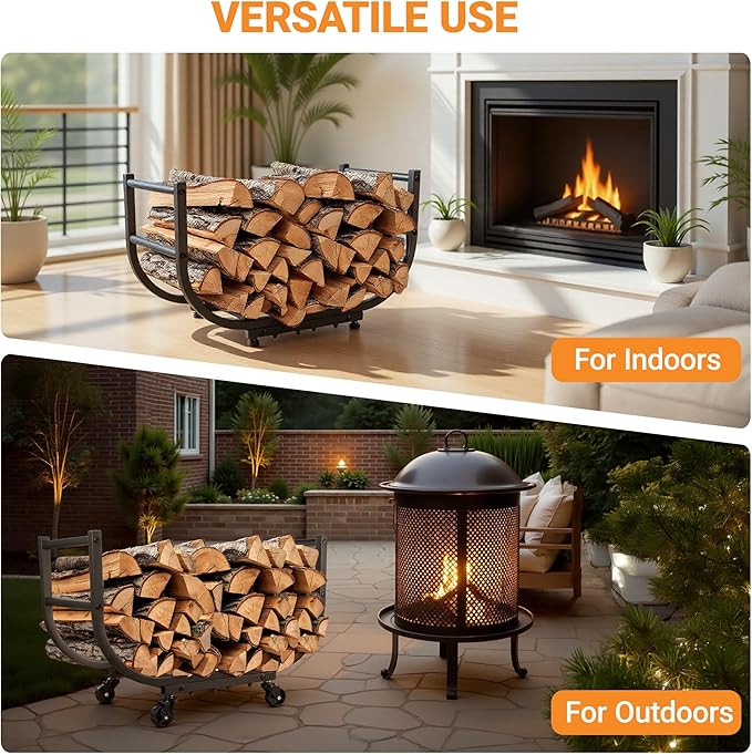 Rolling Firewood Rack with Wheels, 24 Inch Heavy-Duty Indoor Outdoor Log Holder, Wood Storage for Fireplace & Patio, Waterproof & Rustproof