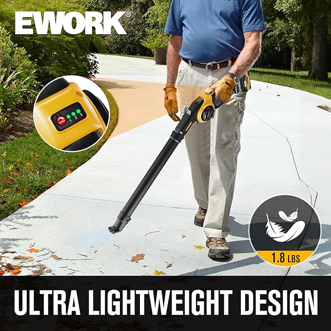 EWORK Leaf Blower Cordless Up to 200 MPH, Lightweight Electric Leaf Blower with Battery and Charger, 3 Speed Modes, Handheld Battery Powered Mini Leaf Blowers for Lawn Care