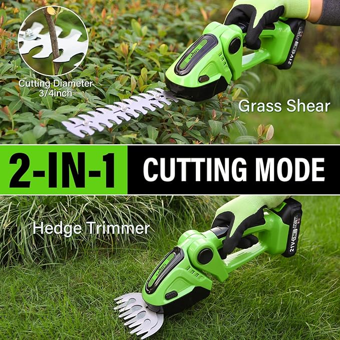 SOYUS Cordless Grass Shear, 2-in-1 Handheld Hedge Trimmers, 21V Electric Grass Trimmer & Shrubbery Trimmer, Battery Operated Hedge Trimmer for Garden/Lawn with Battery and Charger
