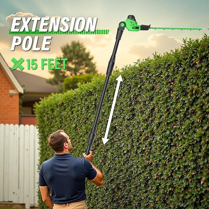 SOYUS Pole Hedge Trimmer Cordless, 18-inch Electric Hedge Trimmer with Extension Pole, 16-Foot Max Reach, Multi-Angle, 2 * 2.0Ah Batteries and Charger Included