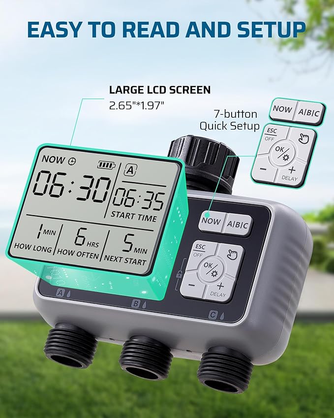 DEWENWILS 3 Zone Sprinkler Timer, Outdoor Water Timer, Programmable Hose Faucet Controller, Automatic Garden Watering System for Garden, Lawn, Yard