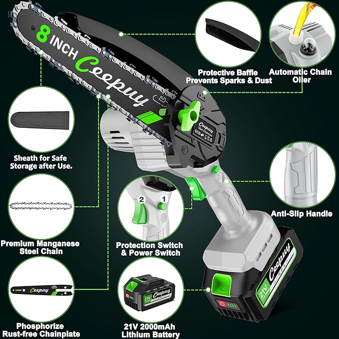Mini Chainsaw Cordless 8 Inch with 2x 4000mAh Batteries, Portable Electric Chain Saw, Automatic Oiler, Battery Powered Small Handheld Saw, Security Lock Trees Branches Trimming, Wood Cutting, 2025