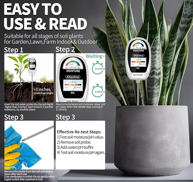 Soil Test Kit, 2-in-1 Soil Moisture Meter, Soil pH Meter -Dual Dial-Simultaneously-Display Results-Soil pH Tester, Moisture Meter for Garden,Lawn,Farm Indoor&Outdoor Plants-PureWhite